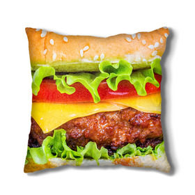 Подушка 3D с принтом Гамбургер в Курске, наволочка – 100% полиэстер, наполнитель – холлофайбер (легкий наполнитель, не вызывает аллергию). | состоит из подушки и наволочки. Наволочка на молнии, легко снимается для стирки | бутерброд | гамбургер | еда | фастфуд | чизбургер