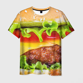 Мужская футболка 3D с принтом Гамбургер в Курске, 100% полиэфир | прямой крой, круглый вырез горловины, длина до линии бедер | Тематика изображения на принте: бутерброд | гамбургер | еда | фастфуд | чизбургер