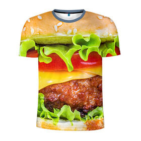 Мужская футболка 3D спортивная с принтом Гамбургер в Курске, 100% полиэстер с улучшенными характеристиками | приталенный силуэт, круглая горловина, широкие плечи, сужается к линии бедра | Тематика изображения на принте: бутерброд | гамбургер | еда | фастфуд | чизбургер