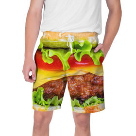 Мужские шорты 3D с принтом Гамбургер в Курске,  полиэстер 100% | прямой крой, два кармана без застежек по бокам. Мягкая трикотажная резинка на поясе, внутри которой широкие завязки. Длина чуть выше колен | Тематика изображения на принте: бутерброд | гамбургер | еда | фастфуд | чизбургер