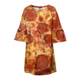 Детское платье 3D с принтом Пицца в Курске, 100% полиэстер | прямой силуэт, чуть расширенный к низу. Круглая горловина, на рукавах — воланы | Тематика изображения на принте: pizza | еда | пицца | фастфуд