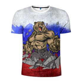 Мужская футболка 3D спортивная с принтом Медведь в Курске, 100% полиэстер с улучшенными характеристиками | приталенный силуэт, круглая горловина, широкие плечи, сужается к линии бедра | флаг россии