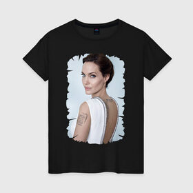 Женская футболка хлопок с принтом Angelina Jolie в Курске, 100% хлопок | прямой крой, круглый вырез горловины, длина до линии бедер, слегка спущенное плечо | татуировки