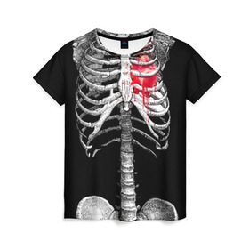 Женская футболка 3D с принтом Скелет с сердцем в Курске, 100% полиэфир ( синтетическое хлопкоподобное полотно) | прямой крой, круглый вырез горловины, длина до линии бедер | halloween | skeleton | кровь | скелет | хэллоуин