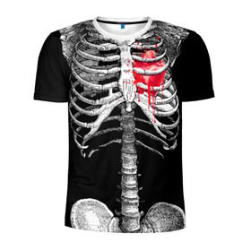 Мужская футболка 3D спортивная с принтом Скелет с сердцем в Курске, 100% полиэстер с улучшенными характеристиками | приталенный силуэт, круглая горловина, широкие плечи, сужается к линии бедра | Тематика изображения на принте: halloween | skeleton | кровь | скелет | хэллоуин