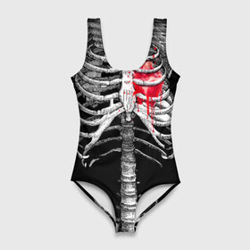 Купальник-боди 3D с принтом Скелет с сердцем в Курске, 82% полиэстер, 18% эластан | Круглая горловина, круглый вырез на спине | halloween | skeleton | кровь | скелет | хэллоуин