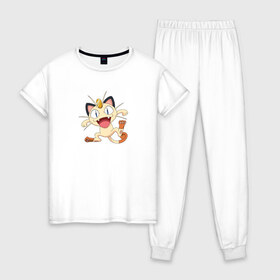 Женская пижама хлопок с принтом Pokemon в Курске, 100% хлопок | брюки и футболка прямого кроя, без карманов, на брюках мягкая резинка на поясе и по низу штанин | Тематика изображения на принте: kat | pokemon | анимэ | кот | мяут | покемон