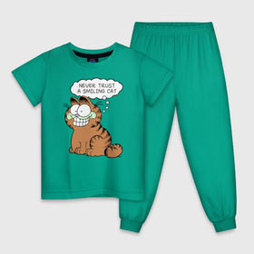 Детская пижама хлопок с принтом Garfield Smiling Cat в Курске, 100% хлопок |  брюки и футболка прямого кроя, без карманов, на брюках мягкая резинка на поясе и по низу штанин
 | Тематика изображения на принте: garfield smiling cat гарфилд кот