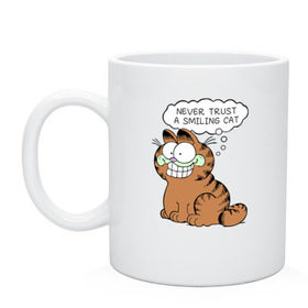 Кружка с принтом Garfield Smiling Cat в Курске, керамика | объем — 330 мл, диаметр — 80 мм. Принт наносится на бока кружки, можно сделать два разных изображения | Тематика изображения на принте: garfield smiling cat гарфилд кот
