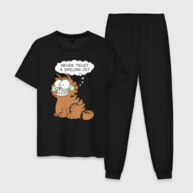 Мужская пижама хлопок с принтом Garfield Smiling Cat в Курске, 100% хлопок | брюки и футболка прямого кроя, без карманов, на брюках мягкая резинка на поясе и по низу штанин
 | Тематика изображения на принте: garfield smiling cat гарфилд кот