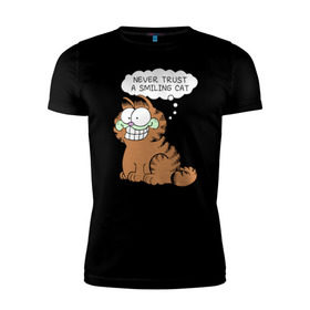 Мужская футболка премиум с принтом Garfield Smiling Cat в Курске, 92% хлопок, 8% лайкра | приталенный силуэт, круглый вырез ворота, длина до линии бедра, короткий рукав | Тематика изображения на принте: garfield smiling cat гарфилд кот