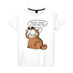 Женская футболка хлопок с принтом Garfield Smiling Cat в Курске, 100% хлопок | прямой крой, круглый вырез горловины, длина до линии бедер, слегка спущенное плечо | garfield smiling cat гарфилд кот