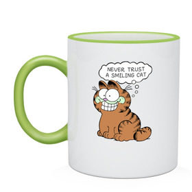 Кружка двухцветная с принтом Garfield Smiling Cat в Курске, керамика | объем — 330 мл, диаметр — 80 мм. Цветная ручка и кайма сверху, в некоторых цветах — вся внутренняя часть | Тематика изображения на принте: garfield smiling cat гарфилд кот