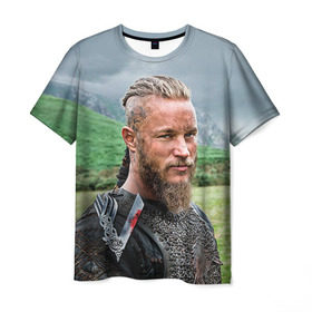Мужская футболка 3D с принтом Рагнар Лодброк в Курске, 100% полиэфир | прямой крой, круглый вырез горловины, длина до линии бедер | vikings | вальхалла | викинги | рагнар лодброк | сериалы