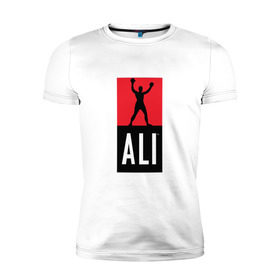 Мужская футболка премиум с принтом Ali by boxcluber в Курске, 92% хлопок, 8% лайкра | приталенный силуэт, круглый вырез ворота, длина до линии бедра, короткий рукав | muhammad ali | мухаммед али