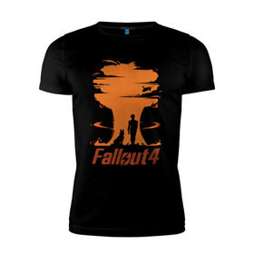 Мужская футболка премиум с принтом Fallout 4 в Курске, 92% хлопок, 8% лайкра | приталенный силуэт, круглый вырез ворота, длина до линии бедра, короткий рукав | 4 | fallout | взрыв | игра | изображение постера из игры fallout 4.серия игр fallout.     четыре | собака.