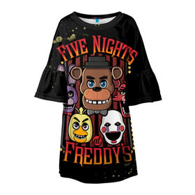 Детское платье 3D с принтом Five Nights At Freddy`s в Курске, 100% полиэстер | прямой силуэт, чуть расширенный к низу. Круглая горловина, на рукавах — воланы | Тематика изображения на принте: five nights at freddys | fnaf | freddy | игры | медведь | мишка | фнаф | фредди