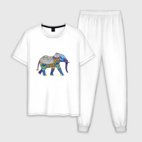 Мужская пижама хлопок с принтом Слон. Мозаика. Индия в Курске, 100% хлопок | брюки и футболка прямого кроя, без карманов, на брюках мягкая резинка на поясе и по низу штанин
 | индия | мозаика | слон