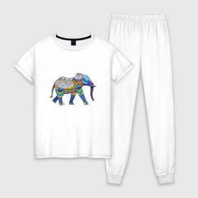 Женская пижама хлопок с принтом Слон. Мозаика. Индия в Курске, 100% хлопок | брюки и футболка прямого кроя, без карманов, на брюках мягкая резинка на поясе и по низу штанин | индия | мозаика | слон