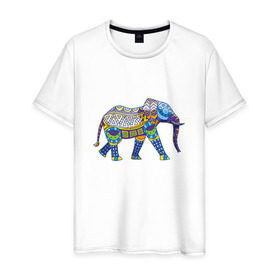 Мужская футболка хлопок с принтом Слон. Мозаика. Индия в Курске, 100% хлопок | прямой крой, круглый вырез горловины, длина до линии бедер, слегка спущенное плечо. | Тематика изображения на принте: индия | мозаика | слон