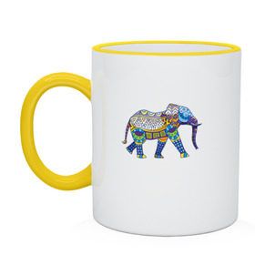 Кружка двухцветная с принтом Слон. Мозаика. Индия в Курске, керамика | объем — 330 мл, диаметр — 80 мм. Цветная ручка и кайма сверху, в некоторых цветах — вся внутренняя часть | индия | мозаика | слон