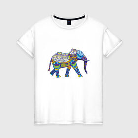 Женская футболка хлопок с принтом Слон. Мозаика. Индия в Курске, 100% хлопок | прямой крой, круглый вырез горловины, длина до линии бедер, слегка спущенное плечо | индия | мозаика | слон