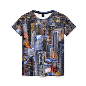 Женская футболка 3D с принтом Вечерний город в Курске, 100% полиэфир ( синтетическое хлопкоподобное полотно) | прямой крой, круглый вырез горловины, длина до линии бедер | Тематика изображения на принте: ночь | огни | пейзаж