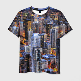 Мужская футболка 3D с принтом Вечерний город в Курске, 100% полиэфир | прямой крой, круглый вырез горловины, длина до линии бедер | Тематика изображения на принте: ночь | огни | пейзаж