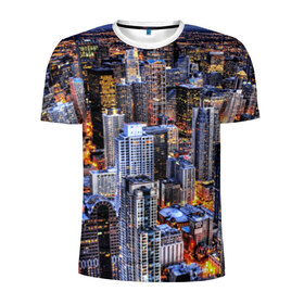 Мужская футболка 3D спортивная с принтом Вечерний город в Курске, 100% полиэстер с улучшенными характеристиками | приталенный силуэт, круглая горловина, широкие плечи, сужается к линии бедра | Тематика изображения на принте: ночь | огни | пейзаж