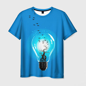 Мужская футболка 3D с принтом Лампочка в Курске, 100% полиэфир | прямой крой, круглый вырез горловины, длина до линии бедер | дерево | лампочка | птицы