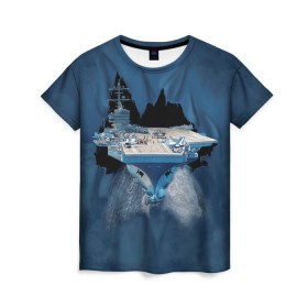 Женская футболка 3D с принтом Авианосец в Курске, 100% полиэфир ( синтетическое хлопкоподобное полотно) | прямой крой, круглый вырез горловины, длина до линии бедер | mountain | авианосец | адмирал | корабль | кузнецов | маунтин