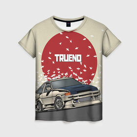 Женская футболка 3D с принтом Toyota Trueno ae86 в Курске, 100% полиэфир ( синтетическое хлопкоподобное полотно) | прямой крой, круглый вырез горловины, длина до линии бедер | 86 | corolla | crane | hachiroku | jdm | toyota | trueno | ае86 | журавлики | тоёта | тойота | труено | хачироку | япония