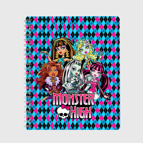 Тетрадь с принтом Monster High в Курске, 100% бумага | 48 листов, плотность листов — 60 г/м2, плотность картонной обложки — 250 г/м2. Листы скреплены сбоку удобной пружинной спиралью. Уголки страниц и обложки скругленные. Цвет линий — светло-серый
 | Тематика изображения на принте: монстер хай