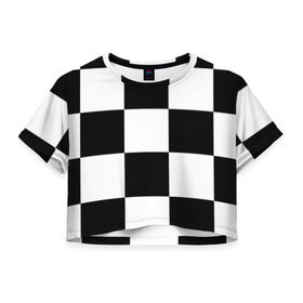 Женская футболка 3D укороченная с принтом Клетка в Курске, 100% полиэстер | круглая горловина, длина футболки до линии талии, рукава с отворотами | белый | черно белый | черный | шахматная