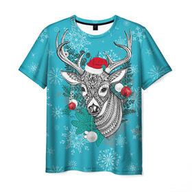 Мужская футболка 3D с принтом Новогодний олень в Курске, 100% полиэфир | прямой крой, круглый вырез горловины, длина до линии бедер | 2016 | christmas | deer | год | новогодний | новый | олень | рождественский | с новым годом