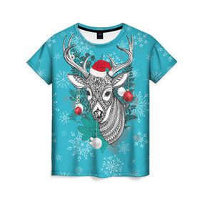 Женская футболка 3D с принтом Новогодний олень в Курске, 100% полиэфир ( синтетическое хлопкоподобное полотно) | прямой крой, круглый вырез горловины, длина до линии бедер | 2016 | christmas | deer | год | новогодний | новый | олень | рождественский | с новым годом