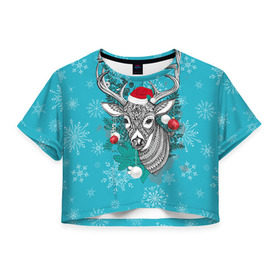 Женская футболка 3D укороченная с принтом Новогодний олень в Курске, 100% полиэстер | круглая горловина, длина футболки до линии талии, рукава с отворотами | 2016 | christmas | deer | год | новогодний | новый | олень | рождественский | с новым годом