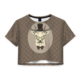 Женская футболка 3D укороченная с принтом Deer в Курске, 100% полиэстер | круглая горловина, длина футболки до линии талии, рукава с отворотами | 2016 | christmas | deer | год | новогодний | новый | олень | рождественский | с новым годом