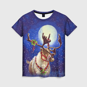Женская футболка 3D с принтом Christmas deer в Курске, 100% полиэфир ( синтетическое хлопкоподобное полотно) | прямой крой, круглый вырез горловины, длина до линии бедер | 2016 | christmas | deer | год | новогодний | новый | олень | рождественский | с новым годом