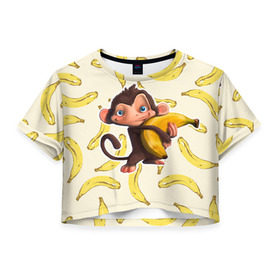 Женская футболка 3D укороченная с принтом Обезьяна с бананом в Курске, 100% полиэстер | круглая горловина, длина футболки до линии талии, рукава с отворотами | мартышка | обезьяна