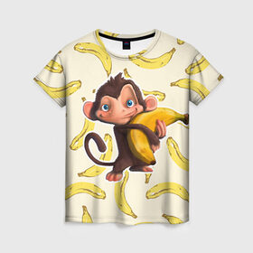 Женская футболка 3D с принтом Обезьяна с бананом в Курске, 100% полиэфир ( синтетическое хлопкоподобное полотно) | прямой крой, круглый вырез горловины, длина до линии бедер | мартышка | обезьяна
