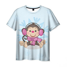 Мужская футболка 3D с принтом Обезьянка в Курске, 100% полиэфир | прямой крой, круглый вырез горловины, длина до линии бедер | 2016 | год | мартышка | новый | обезьяна | с новым год | снежинка