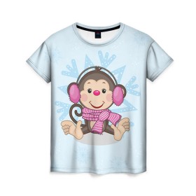 Женская футболка 3D с принтом Обезьянка в Курске, 100% полиэфир ( синтетическое хлопкоподобное полотно) | прямой крой, круглый вырез горловины, длина до линии бедер | 2016 | год | мартышка | новый | обезьяна | с новым год | снежинка