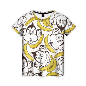 Женская футболка 3D с принтом Обезьянки и бананы в Курске, 100% полиэфир ( синтетическое хлопкоподобное полотно) | прямой крой, круглый вырез горловины, длина до линии бедер | банан