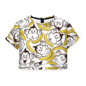 Женская футболка 3D укороченная с принтом Обезьянки и бананы в Курске, 100% полиэстер | круглая горловина, длина футболки до линии талии, рукава с отворотами | Тематика изображения на принте: банан