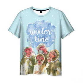 Мужская футболка 3D с принтом Зимняя пора в Курске, 100% полиэфир | прямой крой, круглый вырез горловины, длина до линии бедер | winter | год | зима | мартышка | новогодний | новый | обезьяна | обезьянка | подарок | с новым годом | снег