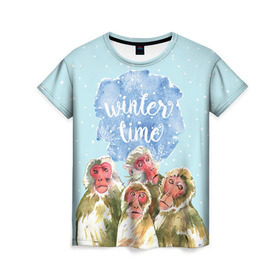 Женская футболка 3D с принтом Зимняя пора в Курске, 100% полиэфир ( синтетическое хлопкоподобное полотно) | прямой крой, круглый вырез горловины, длина до линии бедер | winter | год | зима | мартышка | новогодний | новый | обезьяна | обезьянка | подарок | с новым годом | снег
