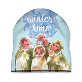 Шапка 3D с принтом Зимняя пора в Курске, 100% полиэстер | универсальный размер, печать по всей поверхности изделия | winter | год | зима | мартышка | новогодний | новый | обезьяна | обезьянка | подарок | с новым годом | снег