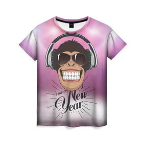 Женская футболка 3D с принтом Веселого Нового Года! в Курске, 100% полиэфир ( синтетическое хлопкоподобное полотно) | прямой крой, круглый вырез горловины, длина до линии бедер | 2016 | год | мартышка | новогодний | новый | обезьяна | обезьянка | подарок | с новым годом