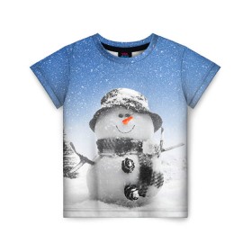 Детская футболка 3D с принтом Снеговик в Курске, 100% гипоаллергенный полиэфир | прямой крой, круглый вырез горловины, длина до линии бедер, чуть спущенное плечо, ткань немного тянется | Тематика изображения на принте: 2016 | winter | год | зима | мартышка | новогодний | новый | обезьяна | обезьянка | подарок | с новым годом | снег | снеговик